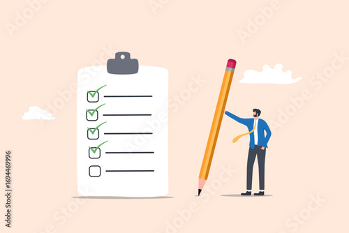Businessman Holding Giant Pencil with Checklist Board, symbolizing planning, task management, and partial achievement in business.
