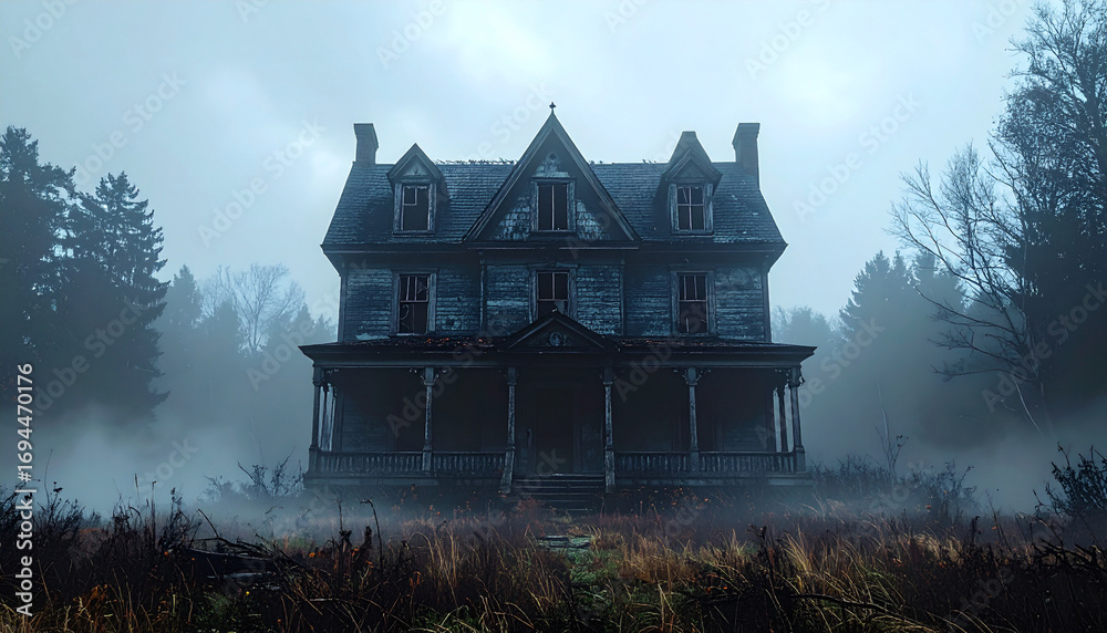Obraz premium An old, spooky abandoned mansion shrouded in thick, eerie fog on a dark night, creating a mysterious and haunted atmosphere