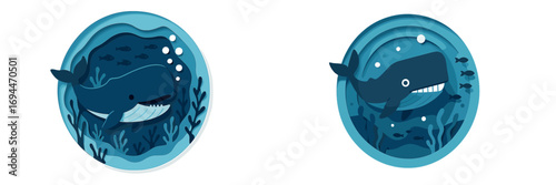 Artistic paper cut design of cute whale characters swimming underwater in a circular frame with ocean plants and fish