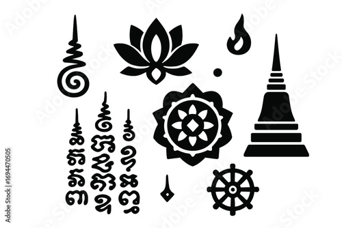 Set of Thai Sak Yant tattoo symbols with Buddhist icons like the lotus flower, stupa, and Dharmachakra wheel isolated on a white background