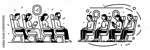 Black and white line art of diverse passengers sitting in airplane seats during a flight, people traveling by air in a minimalist graphic style