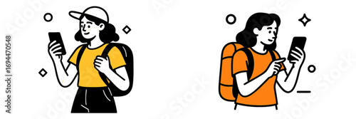 Two young female adventurers with backpacks looking at their mobile phones for digital mapping and online communication