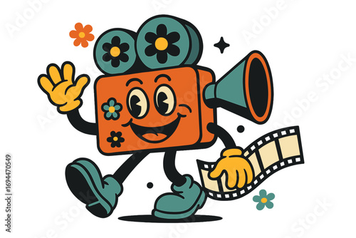 Retro groovy cartoon mascot of a walking movie camera character with a happy face holding a film strip in a vintage 70s style