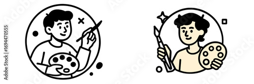 Set of two artist icons with a painter holding a brush and palette in a simple line art style for creative hobby or profession concepts