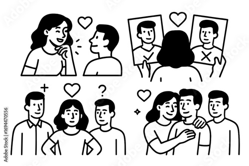 Monochrome line art icons depicting relationship concepts such as romantic conversation, partner selection, love triangle, and jealousy in a couple