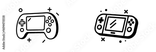 Modern handheld gaming consoles with integrated screens and control buttons for interactive entertainment and digital play