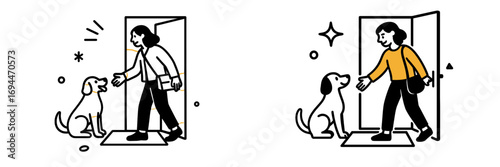 Loyal pet dog eagerly greeting its owner at the front door, a heartwarming scene of arrival and welcome home after a long day