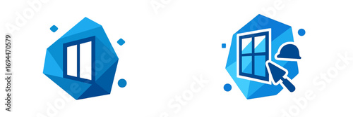 Window installation and repair service icons with trowel and hard hat in a blue geometric crystal logo design