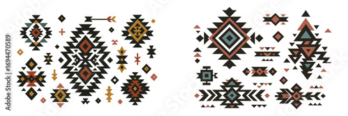 Collection of ethnic tribal patterns with geometric ornaments and native symbols in an Aztec or Navajo style for traditional design elements