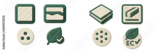Eco-friendly certification symbols for natural products and sustainable materials, a 3D collection with leaf and checkmark badges