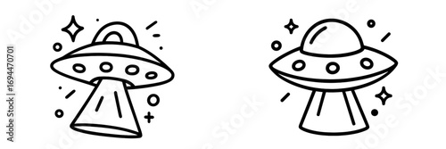 UFO flying saucer icon set in a simple doodle line art style with stars and a tractor beam isolated on a white background