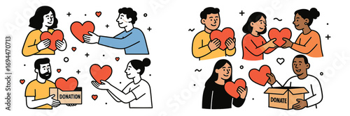 Diverse people giving and receiving hearts for charity donation concept set of volunteers sharing love and kindness