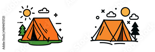 Camping tent icon set with sun and tree in a simple line art style for outdoor adventure and travel themes