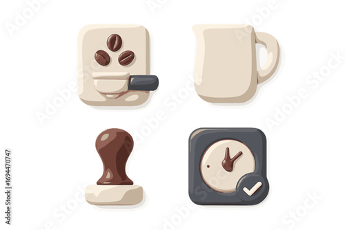 3D coffee icon set with espresso machine, milk pitcher, tamper, and timer for cafe and barista concepts on a white background
