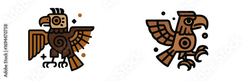 Aztec eagle symbols in traditional Mesoamerican style, ancient pre-Columbian bird of prey icons with ethnic patterns isolated on a white background