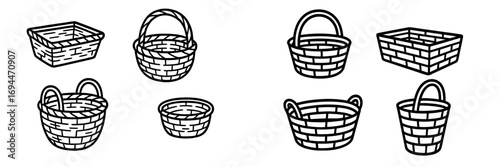 Collection of empty wicker baskets with handles in a simple line art style, various container shapes for picnic or storage