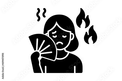Woman with a hand fan suffering from heatstroke or hot flashes black glyph icon on a white background