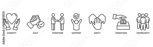 Volunteering icon set illustration concept with icon of charity, help, together, support, unity, donation, community