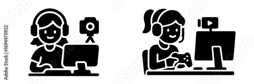 Female gamer and streamer icon set with computer headset and camera for online gaming and content creation