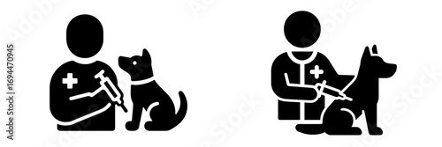 Veterinarian giving a dog a vaccination shot glyph icon set for animal healthcare and pet wellness concepts