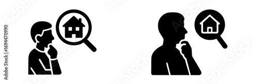 A person thinking about buying a new home or property, part of a house hunting and real estate search concept with a magnifying glass