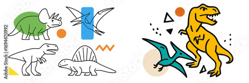 Set of cute cartoon dinosaurs in a modern minimalist line art style with abstract geometric shapes isolated on a white background