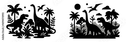 Set of two dinosaur silhouettes featuring Tyrannosaurus Rex, Brachiosaurus, and Pterodactyl in a prehistoric jungle landscape with tropical palm trees and plants
