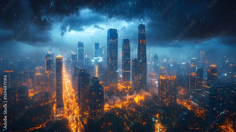 Fototapeta premium Dramatic city skyline at night during a heavy rainstorm with illuminated skyscrapers