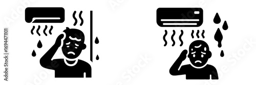 Broken air conditioner glyph icon set with a person sweating from extreme heat and a leaking AC unit causing water damage and high humidity
