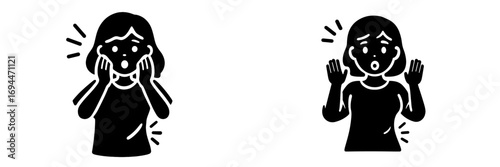 Shocked woman icon set with surprised and scared facial expressions in a simple black and white glyph style