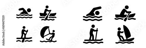 Water sports icon set with swimming, rowing, paddleboarding, and windsurfing symbols for summer activities