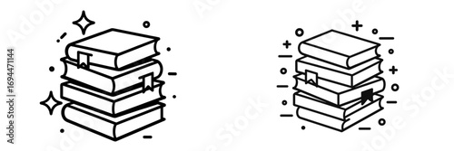 Minimalist line art icons of stacked books with bookmarks, representing knowledge, education, library, and reading