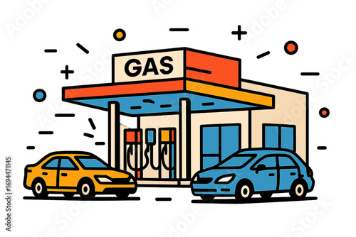 Gas station with two cars refueling at the pumps in a modern flat line art style isolated on a white background