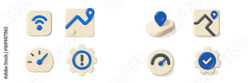 Volumetric 3D icon set for user interface design featuring navigation, settings, speed, and connectivity symbols for web and mobile applications