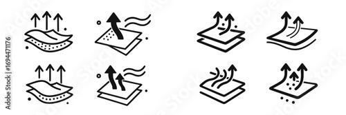 Line symbol set for breathable fabric material properties showing air permeability, moisture evaporation, and ventilation for textiles and apparel