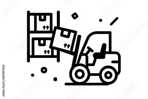 Minimalist line art icon of a forklift placing a package on a shelf in a warehouse representing logistics, inventory, and distribution