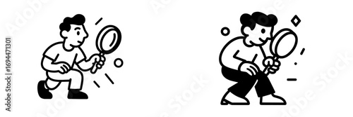 Minimalist concept of a person holding a magnifying glass searching for information or examining small details with focus and curiosity