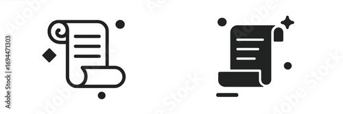 Monochrome icon set of ancient scrolls representing historical documents, laws, or decrees in a minimalist style