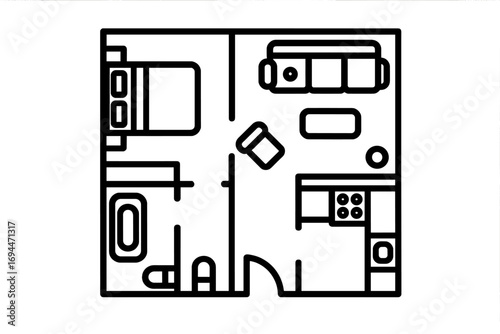Apartment floor plan line icon with furniture layout for bedroom, living room, kitchen, and bathroom
