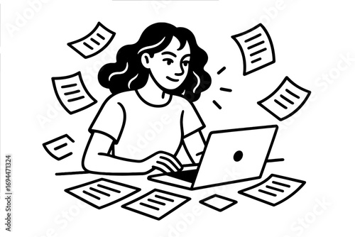 Black and white line art of a busy woman working on a laptop computer with documents and papers flying around her desk