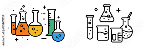 Chemistry laboratory glassware icons including test tubes, flasks, and beakers for scientific experiments and research