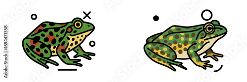 Set of two stylized green spotted frogs with bold outlines in a modern graphic design style, isolated amphibian characters for logos or icons