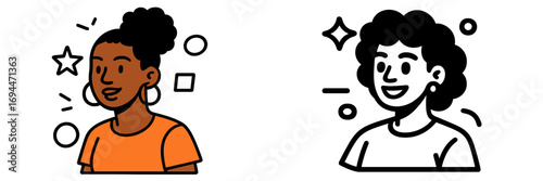 Portrait of a smiling Black woman with afro puff hairstyle and hoop earrings, shown in color and as a black and white line art icon