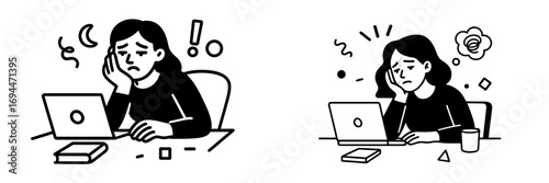 Stressed and tired woman working late on a laptop, experiencing professional burnout, fatigue, and mental exhaustion from overwork in a simple monochrome design