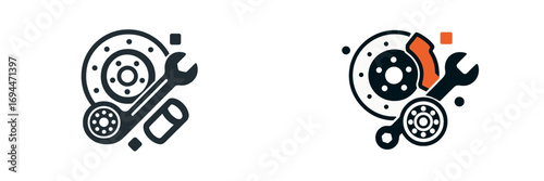 Automotive brake system service and repair icon collection showing a disc brake, caliper, wheel bearing, and essential mechanic tools