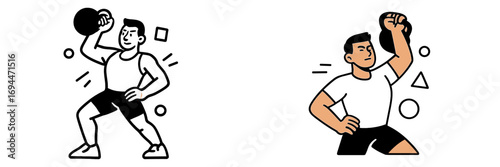 Athletic man exercising with a kettlebell in a minimalist line art style for fitness and strength training concepts, isolated on a white background