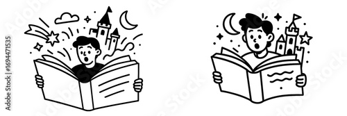 Boy reading a magic book with a fantasy world of castles and stars coming out of the pages, representing imagination and storytelling