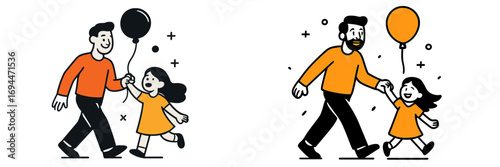 Two simple character drawings of a father and his daughter walking together, holding hands and a balloon, representing happy family life