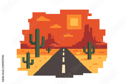 Pixel art desert highway with saguaro cactus leading to the sunset in a retro 8-bit video game aesthetic