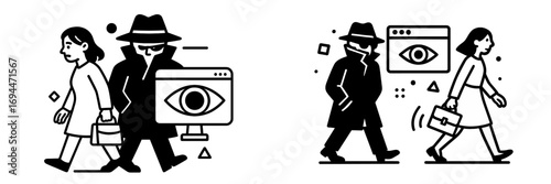 Spy in trench coat following a woman representing digital surveillance, online tracking, and cybersecurity threats